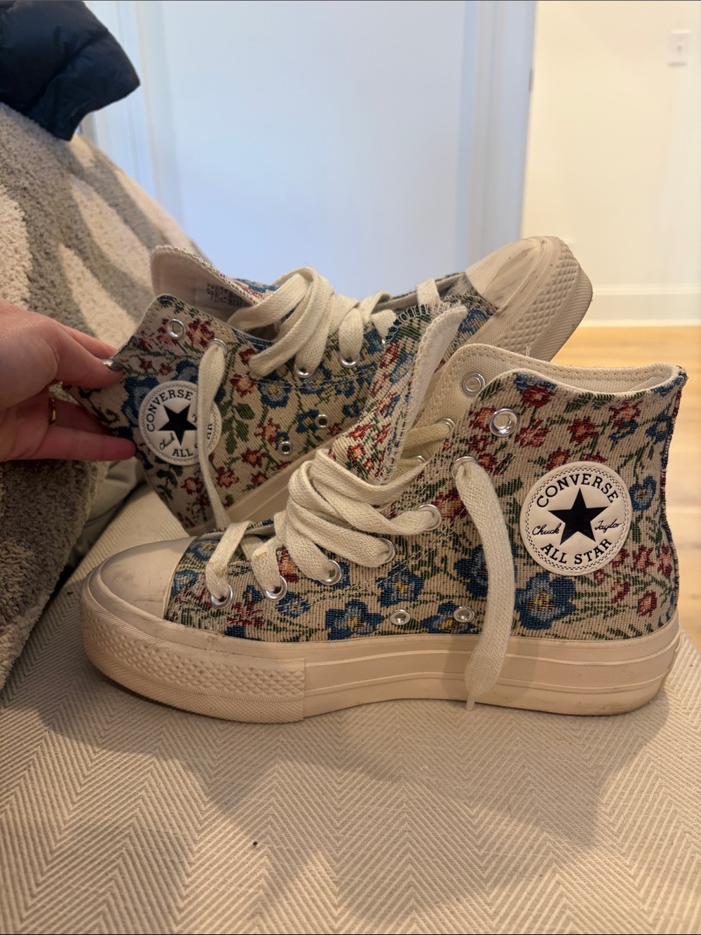 Converse High Top Floral Tapestry Sneakers - Cream, Blue, Red, Green - Picture 1 of 4